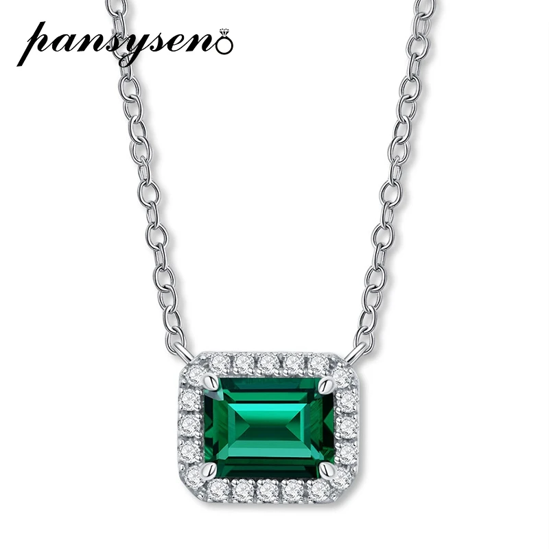 

PANSYSEN New Vintage 6x8MM Emerald Created Moissanite Gemstone Pendant Necklaces Solid 925 Sterling Silver Fine Jewelry Necklace