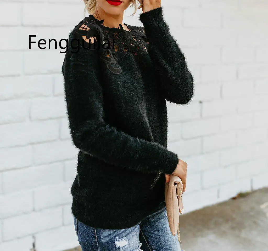 FENGGUILAI Sexy Black Lace Women Hollow Sweaters Long Sleeve Pullover Tops Sweater Ladies O Neck Jumper Hollow Out Knitwear FENGGUILAI Sexy Black Lace Women Hollow Sweaters Long Sleeve Pullover Tops Sweater Ladies O Neck Jumper Hollow Out Knitwear
