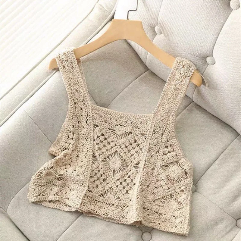 

Camisole Casual Loose Knit Suspender Ultra Short Thin Section Hollow Blouse with Navel Exposed Waistcoat Outer Wear Sleeveless