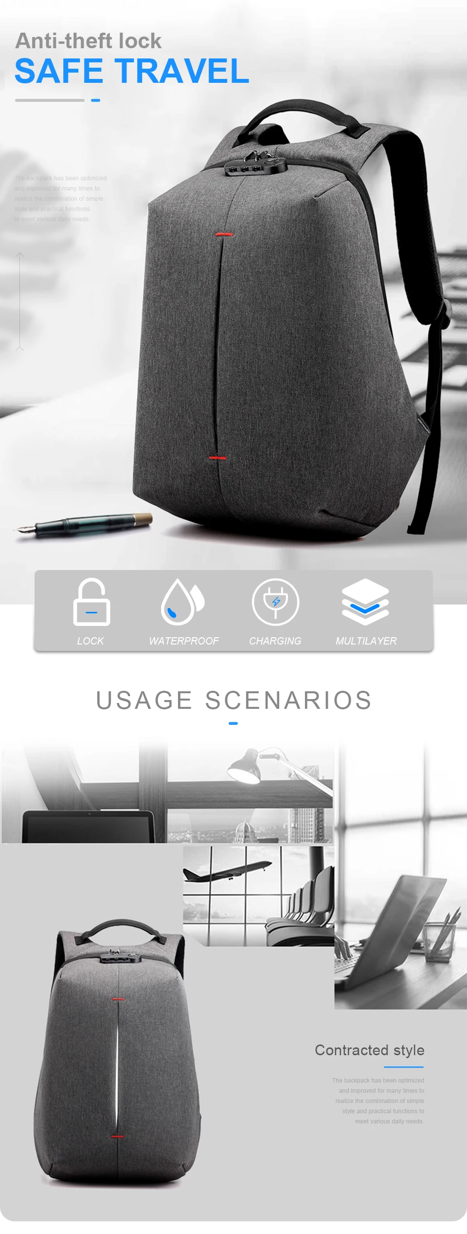 Laptop Backpack 15.6 Inch Notebook Back Pack Anti Theft Business Men Travel Bags Waterproof Male USB Charging Student Bagpack (1)