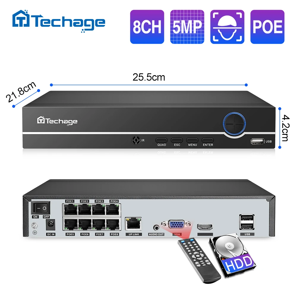 H.265 8CH 5MP 4MP 1080P POE NVR Audio Out Security Surveillance Network Video Recorder Up to 16CH For POE IP Camera CCTV System