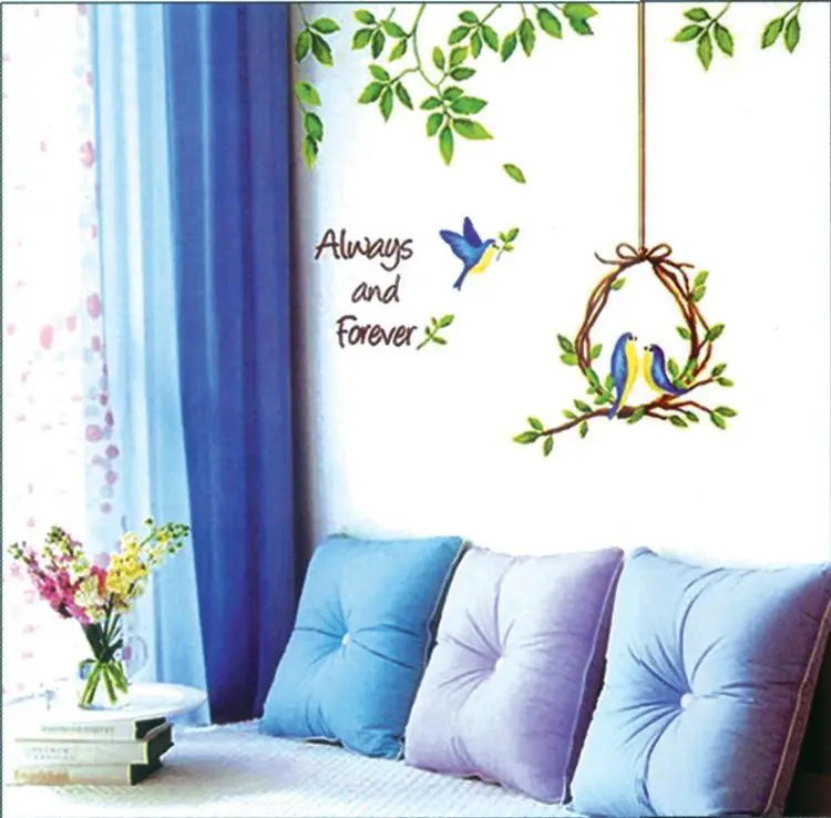 Blue Bird Wall Stickers Green Leaves Decals Bedroom Decorations Study