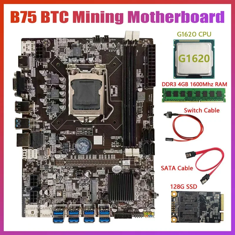 Материнская плата B75 BTC для майнинга + процессор G1620 DDR3 4 Гб 1600 МГц ОЗУ 128G MSATA SSD