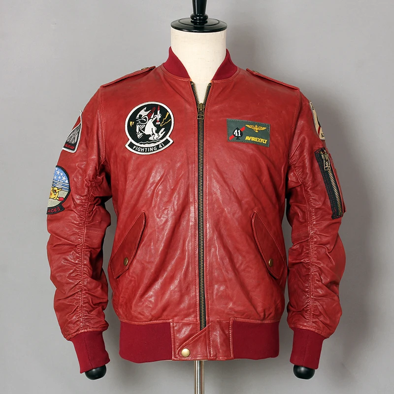 

AVIREX FLY Fashion Genuine Leather Jacket Men Slim Motorcycle Biker Leather Coat Sheepskin Bomber Jacket Casual Baseball uniform