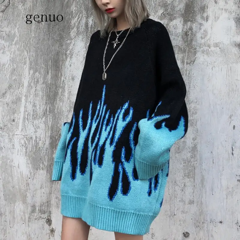 Flame Crew Neck Knitwear Jacquard Women's Sweater Hip Hop Sweater Pullover Hipster Sweater Woman Clothing Flame Crew Neck Knitwear Jacquard Women's Sweater Hip Hop Sweater Pullover Hipster Sweater Woman Clothing