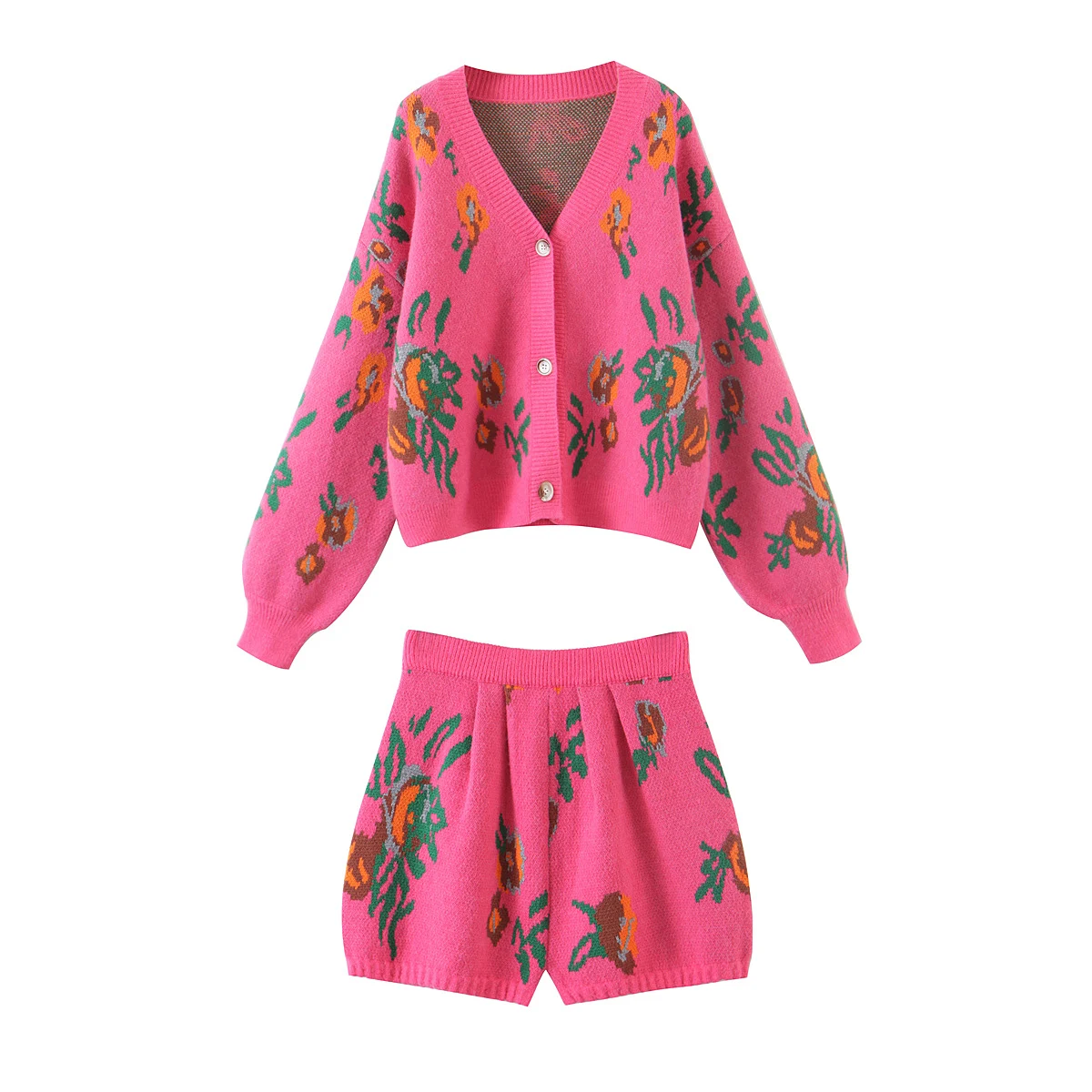 2021 Vintage Women Matching Sets Floral Cardigan Hot pink High Waist Loose Mini Shorts V neck Center Buttons Sweater 2pcs 1 Set womens underwear sets