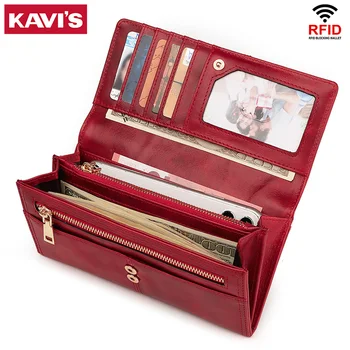 

KAVIS Cowhide Genuine Leather Women Clutch Wallets Lady Female Coin Purse Portomonee Clamp For Phone Bag Card Holder Handy Perse