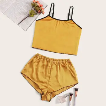 

Comfy Sleepwear Sexy Satin Pajama Set V-Neck Pyjamas Sleeveless Solid Color Cute Cami Top Short For Women Yellow Wholesale 2020