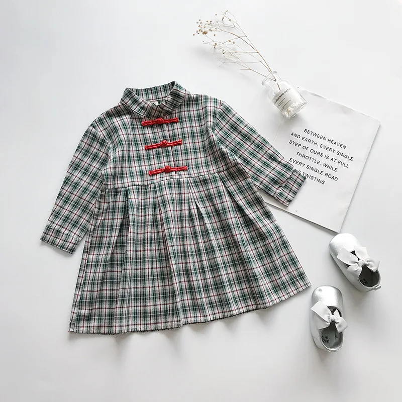 

2019 autumn new children's clothing girl dress Chinese style plaid long sleeve dress