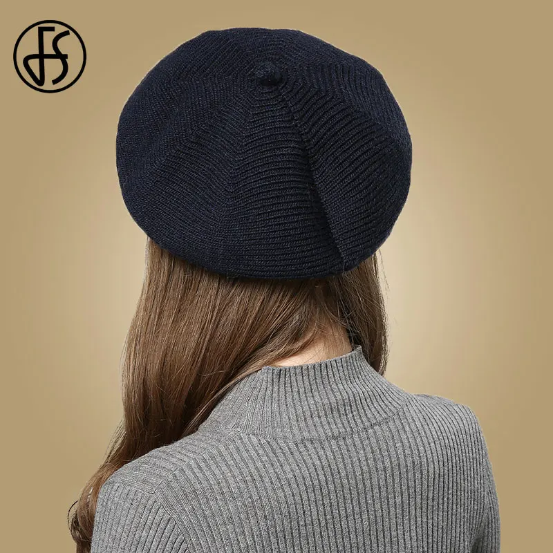Женская Вязаная Шерстяная Шапка FS розовая шапка с беретом черная теплая на осень