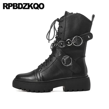 

combat military lace up shoes size 4 side zip boots mid calf muffin flatform british fall platform genuine leather women black