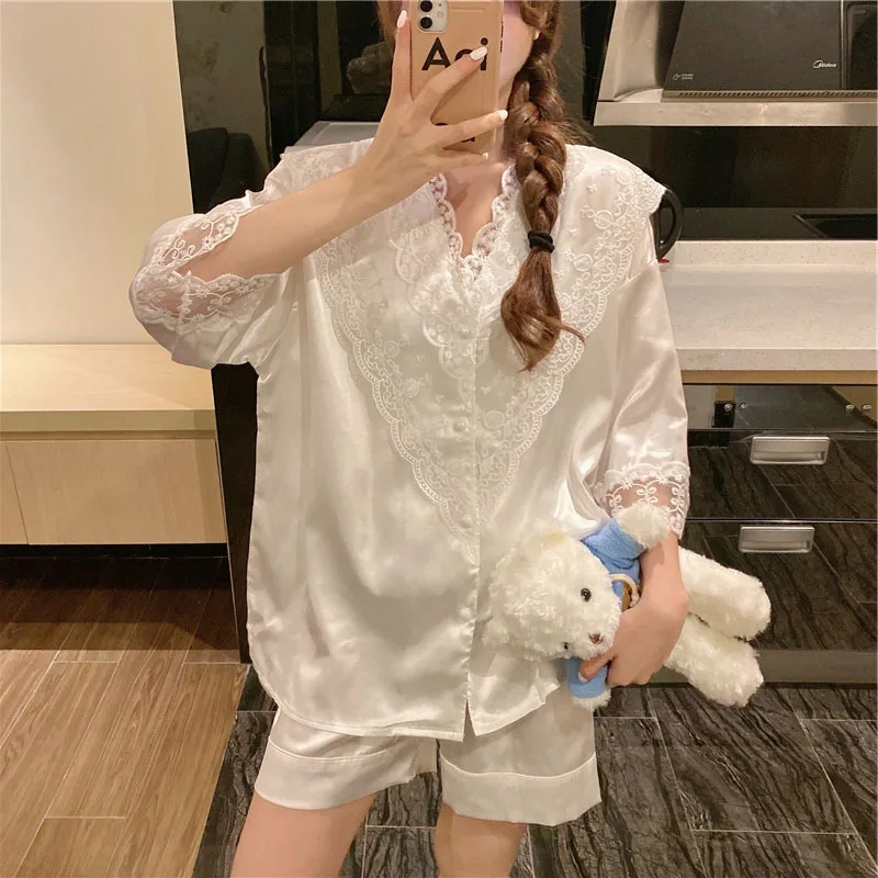 

New Summer Products Court Style Women's Pajamas Suit Lace Nightgown V-neck Cardigan Home Clothes Sweet Style Lady Sleepwear