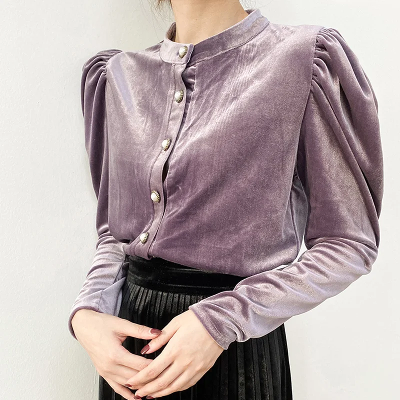 Женская бархатная блузка, осень, пышные рукава, модная Свободная Женская рубашка, элегантные однобортные топы для девочек, весна YNZZU, YT766