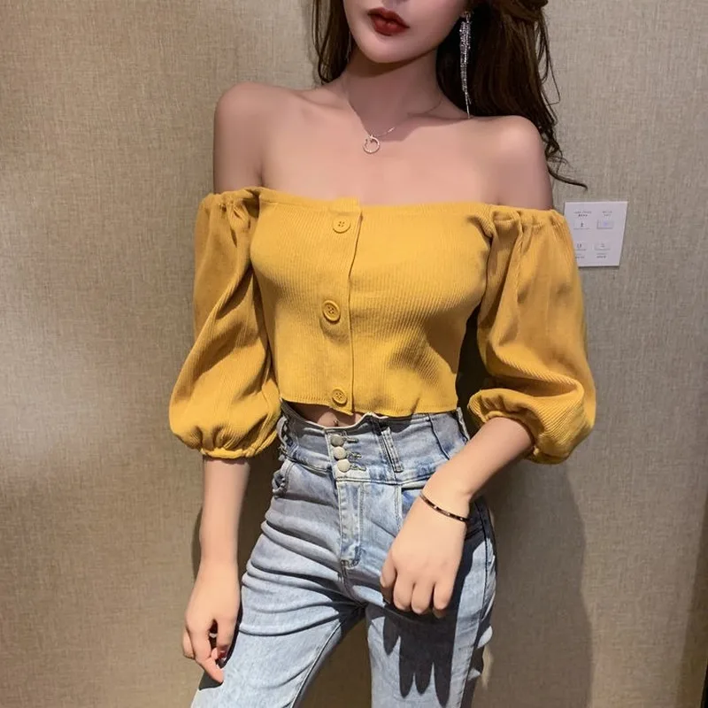 

New Korean-Style Fashion Sexy Horizontal Neck off-Shoulder Bubble Long-Sleeve Short Slim Section under Layer T-shirt