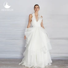 

Aedmgh Simple A-Line Wedding Dresses 2022 V-Neck Halter Ruffles Sweep Train Robe De Mariee Soft Organza Open Back Bridal Gowns