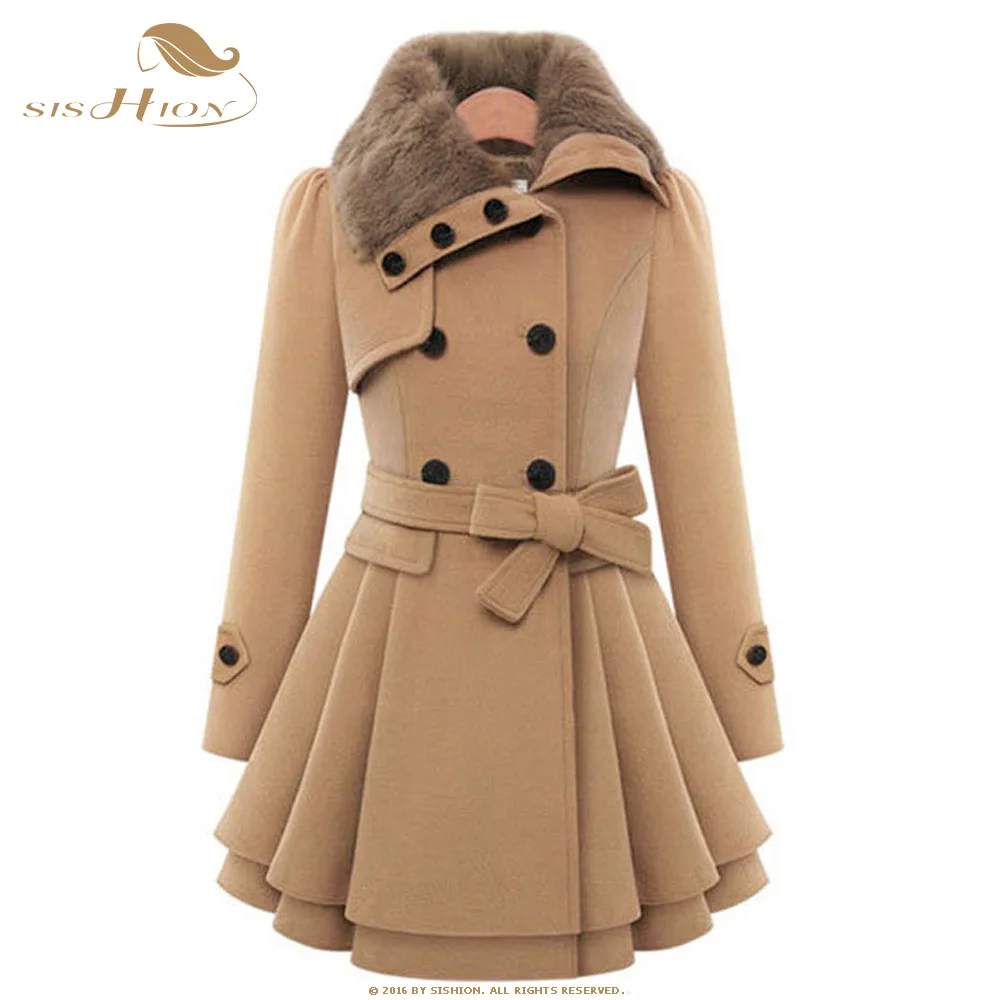 SISHION 4XL плюс размер черный красный женское винтажное пальто осень зима шерстяное пальто QY0322 двубортное Женское пальто с поясом - Цвет: Camel