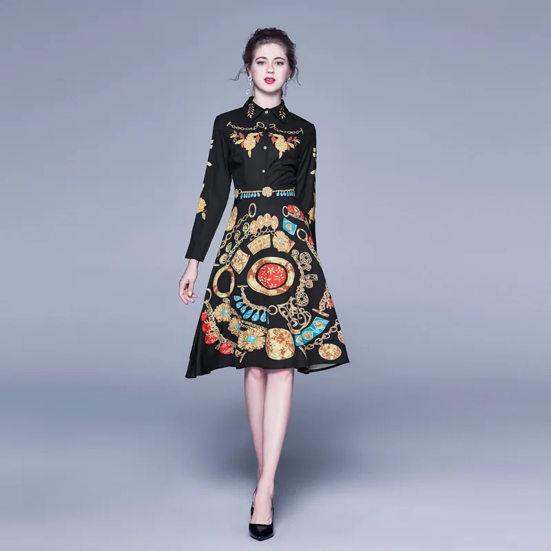 

Photo Shoot Ozhouzhan Autumn New Style Europe And America Women's Dress Printed Debutante Elegant Waist Hugging Dress