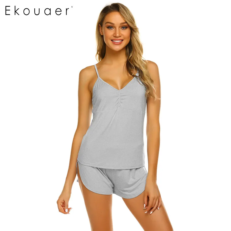 

Ekouaer Women Sexy Sleepwear Summer Pajamas Set V-Neck Sleeveless Solid Camisole Tops Shorts Loose Pajama Suit Homewear