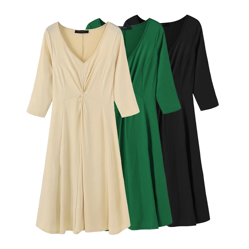 Summer Women Solid Midi Dress Ladies Half Sleeve V-Neck Sexy Shirt Dresses Casual High Waist Robe Vestidos Mujer Plus Size