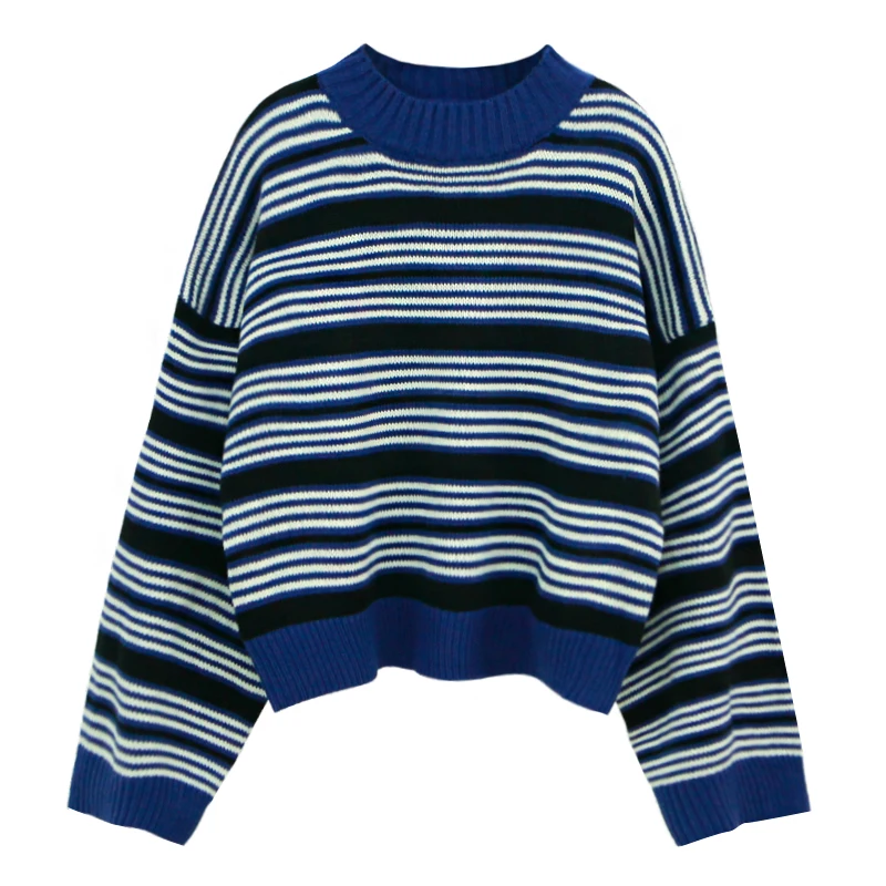 

Sweater Blue & White Striped Oversized Jumper Embroidered Mock Neck Cropped Pullovers Harajuku Women's Sweaters