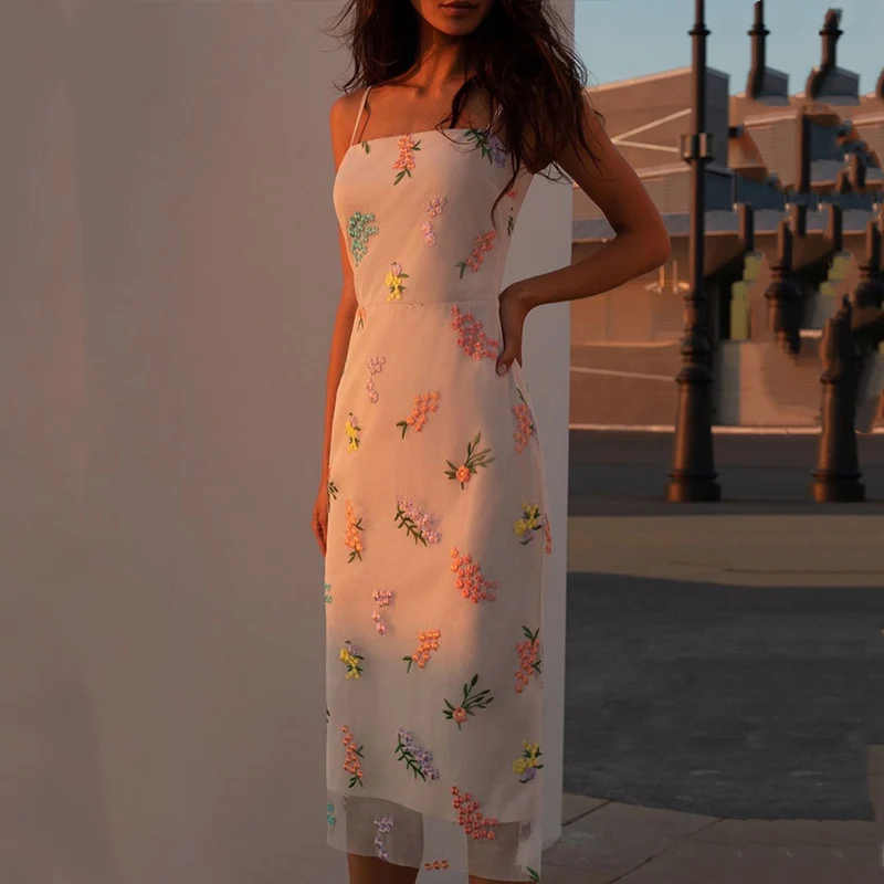 Elegant Woman Embroidery Floral Print Dress Female Slim Stylish Spaghetti Strap For Women 2021 Summer Office Lady Vestidos | Женская