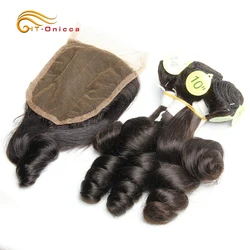 Brazilian Hair Weave Bundles With Closure Natural Hair Extensions Loose Wave Bundles with 4x4 Closure For Women Drop Shipping