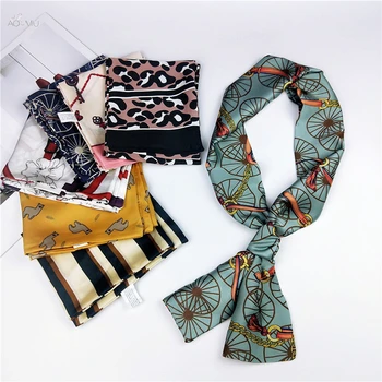 

AOMU 15*145 Long Strip Casual Floral Print Satin Silk Scarf Female Tie Bag Ribbon Women Korean Style Head-Neck Thin Soft Scarves