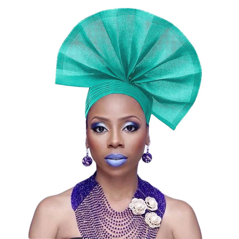 Вентилятор aso oke головной убор Африканский aso oke головной убор вентилятор авто геле aso ebi нигерийские головные аксессуары модный головной убор - Цвет: Aqua