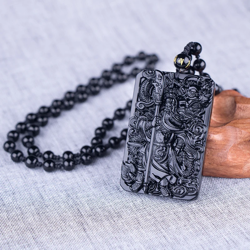 

Natural Obsidian Pendant with Beads Chain Dragon Guan Gong Guan Yu Hold Broadsword Knight Pendant Necklace for Men/women Jewelry
