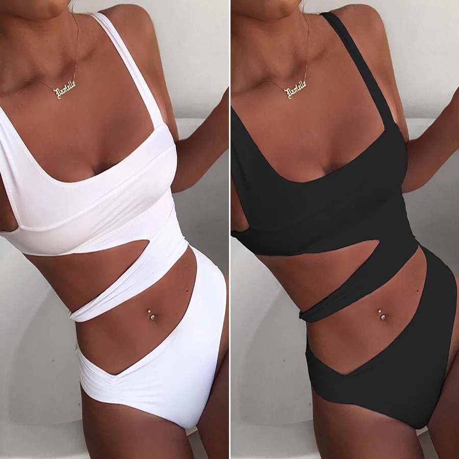

High Waist One Piece Swimsuit Women Bathing Suit One Piece Sexy Bandage White Cut Out Swimwear Push Up Bikini Monokini