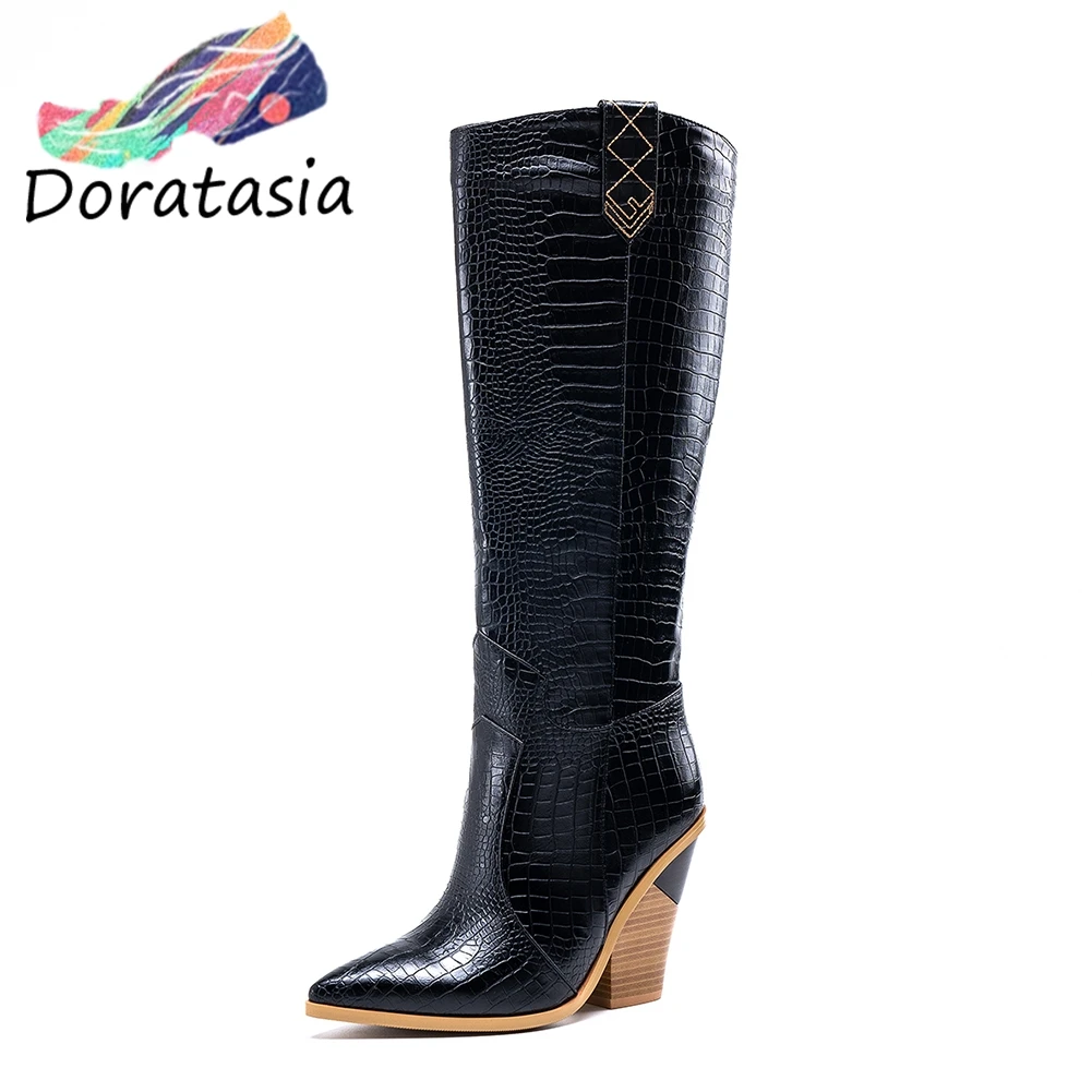 

Plus Size 46 Fashion high quality chunky Heels knee-high Boots Women Shoes winter Western boots Shoes Woman shoes female boots