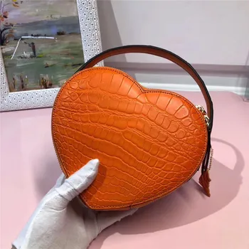 

Genuine Crocodile Belly Skin Love Heart Women's Mini Handbag Real Alligator Leather Lady Orange Purse Female Cross Shoulder Bag