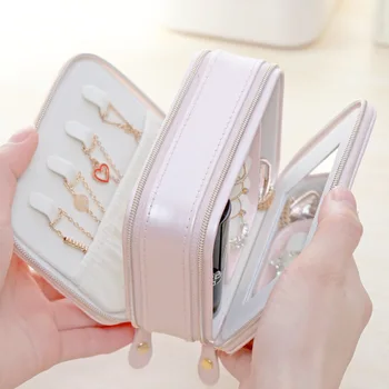 

Portable Jewelry Makeup Organizers Button Leather Storage Zip Jewelers Travel Cosmetic Lipstick Collection Necklaces Earring Box