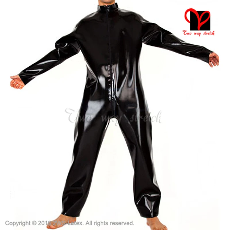 

Sexy Black Wide Latex Catsuit Rubber Body Suit Stockings Zentai Gummi Unitard Long Sleeves Overall Plus Size High Collar Lt-058