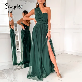 

Simplee Elegant tulle solid green evening dress long Sexy tube top one-shoulder dress Summmer holiday slim flowy beach dress