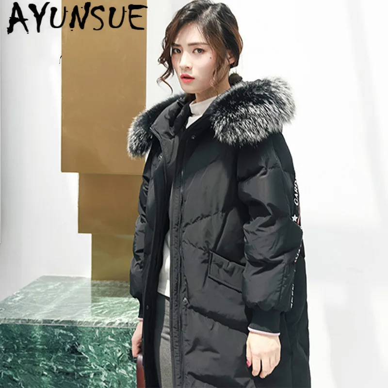 

AYUNSUE White Duck Down Jacket Women Raccoon Fur Collar Winter Coat Women Down Jacket Korean Puffer Jacket Casaco 6837 YY1321