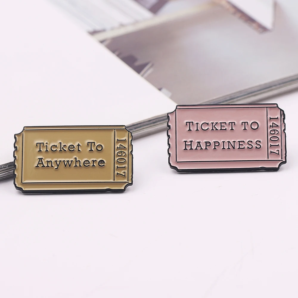

Ticket To Happiness Anywhere Enamel Pins Lucky Charm Badges Brooches Denim Shirt Lapel Pin Friend Gift Brooch Base Jewelry