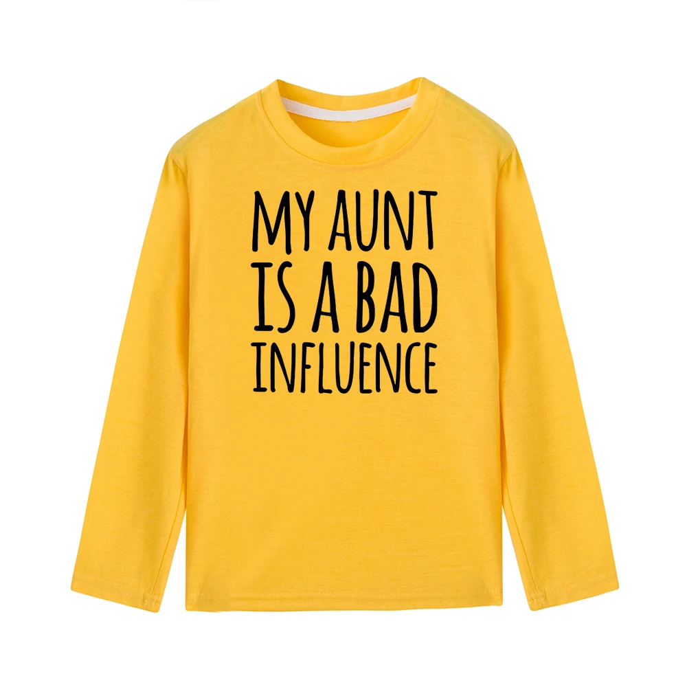 Осенне-весенняя Детская футболка с надписью «My Aunt Is A Bad Influence» Забавная детская футболка с длинными рукавами модные футболки для мальчиков и девочек, топы, одежда