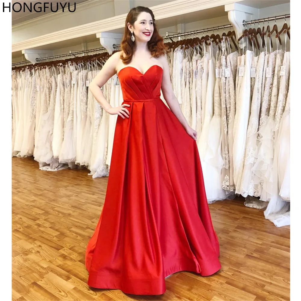 

HONGFUYU 2019 Red Prom Dresses Sweetheart Long Formal Party Gowns Pleats Satin A Line Evening Prom Dresses vestido de formatura
