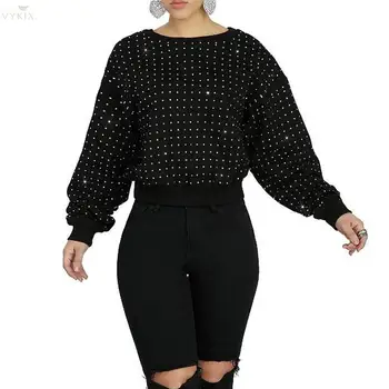 

Womens Clothing New Winter O Neck Long Heap Heap Sleeve Solid Color Hot Drilling T Shirt Sexy Fashion Night Clubwear Femmetop