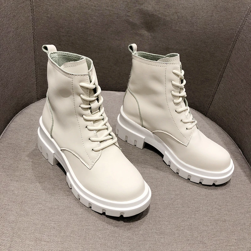 

High Quality Platform Ankle Boots Women Lace-up Flat Martin Boots Cow Muscle Sole Winter Casual Shoes Woman Chaussures Femme