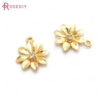 

(33670-G)10PCS 14.5*12MM 24K Gold Color Brass with Zircon Flower Charms Pendants High Quality Diy Jewelry Findings Accessories