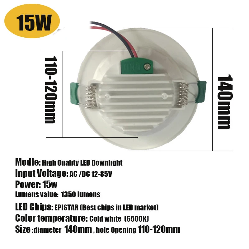 Downlight 15W Светодиодный светильник, встраиваемый круглый светильник, 18 Вт, 15 Вт, 12 Вт, 9 Вт, круглый светодиодный панельный светильник, 12 В, 24 В, 36 В, 48 В, светодиодные лампы для дома, спальни, точечный светильник - Испускаемый цвет: Downlight 15W