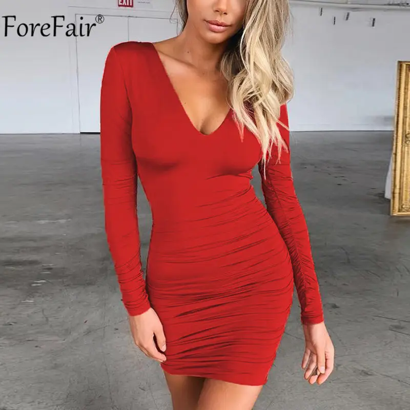 Красный Forefair сзади крест спинки обтягивающее платье мини для женщин Ruched V шеи зима осень длинный рукав сексуальные вечерние красные черные платья - Цвет: Красный