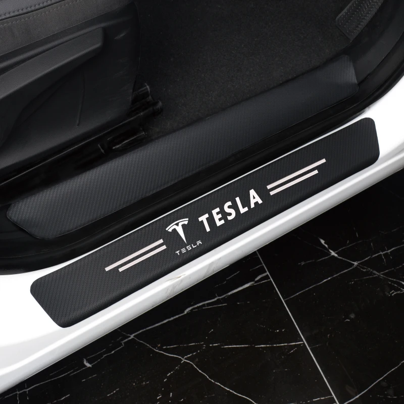 

4 pcs car door sill protector carbon fiber vinyl leather for Tesla model 3 S X Auto Accessories Threshold protector