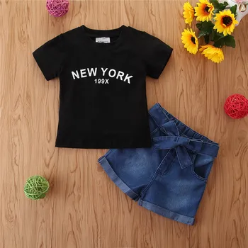

Girls Suits 2020 Summer New Baby Clothes Set 1-3 Year Old Girl Short Sleeves Tops T-shirt with Short Jeans Pants Two-piece Suit
