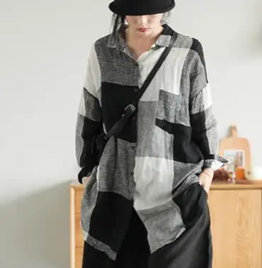 Черный Клетчатая Рубашка с длинными рукавами для женщин осень весна большой размер свободная повседневная женская одежда винтажные хлопковые льняные женские топы - Цвет: Черный