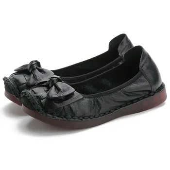 

Women Genuine Leather Boat Shoes Lady Handmade Flowers Flat Shoes
