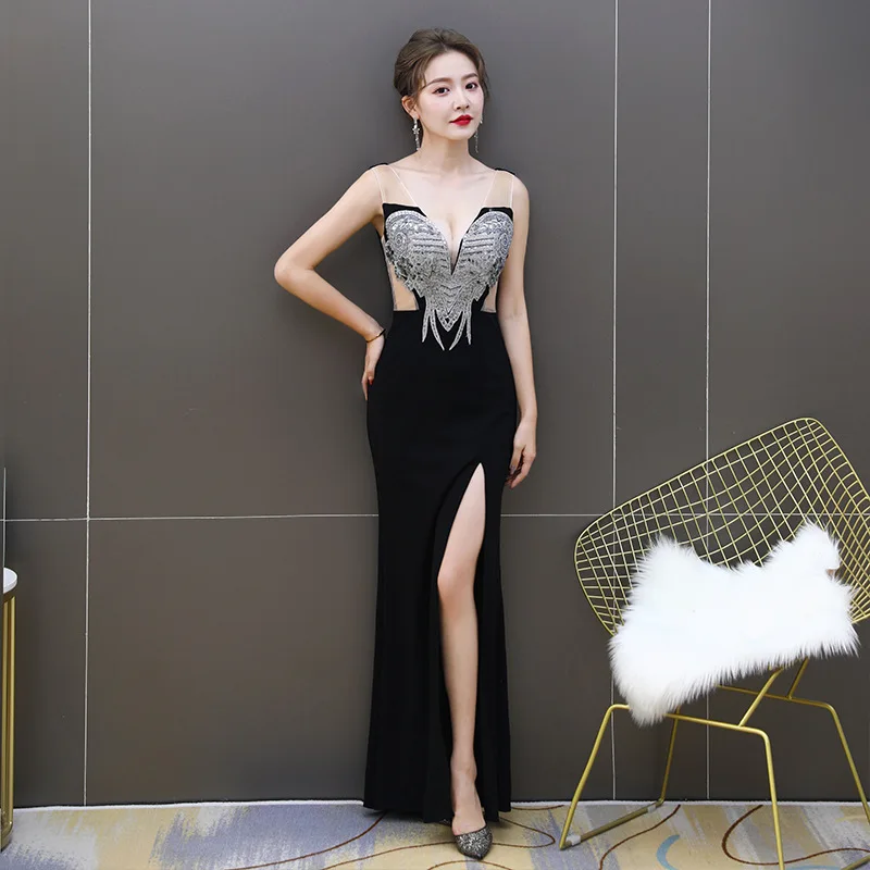 

Sexy Black White Lace Evening Dress Rhinestone Female Aura Queen Fishtail Skirt Nightclub Lady Evening Massage Female Long Dress
