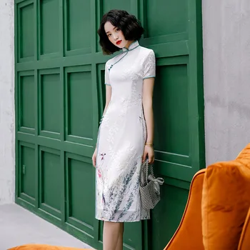 

New Arrival Rayon Chinese Women's Elegant Print Flower Qipao Classic Slim Dress Cheongsam Sexy Short Dress Clothing Size M-XXXL